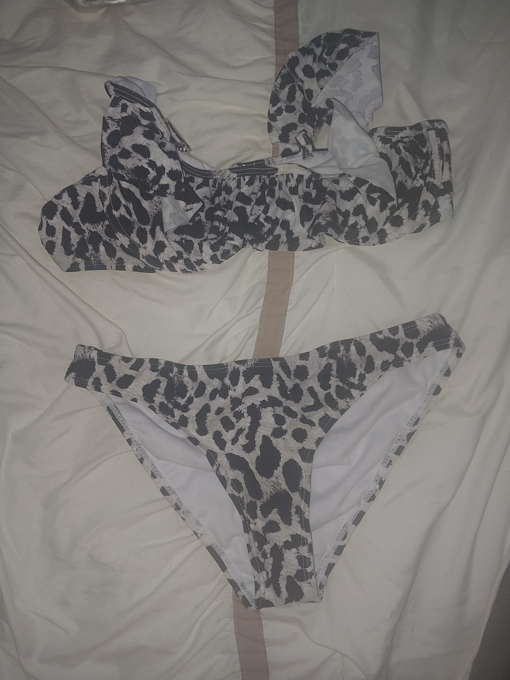 Leopard Print Two-Piece Bikini Set - Grey and White